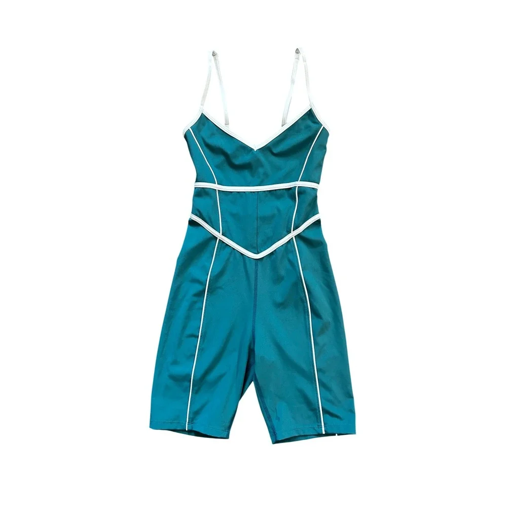 YLLW Teal Blue Active Romper Womens Size S Biker Bodysuit Piping - Picture 6 of 16